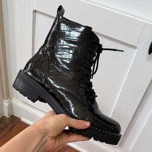 “A New Day”  Black Croc-Embossed Lace-Up Combat Boots